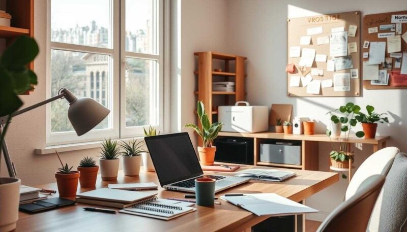 A modern home office setup featuring a sleek desk with a laptop, organized paperwork, and colorful sticky notes. A comfortable chair and plants add a touch of greenery. A calendar on the wall with highlighted tasks. Natural light streaming in from a window, creating an inviting workspace atmosphere.