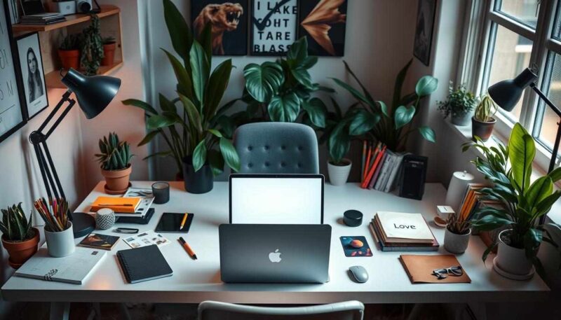 A modern home office setup featuring a sleek desk with a laptop, organized paperwork, and colorful sticky notes. A comfortable chair and plants add a touch of greenery. A calendar on the wall with highlighted tasks. Natural light streaming in from a window, creating an inviting workspace atmosphere.