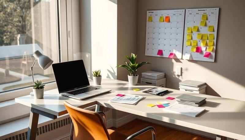 A modern home office setup featuring a sleek desk with a laptop, organized paperwork, and colorful sticky notes. A comfortable chair and plants add a touch of greenery. A calendar on the wall with highlighted tasks. Natural light streaming in from a window, creating an inviting workspace atmosphere.